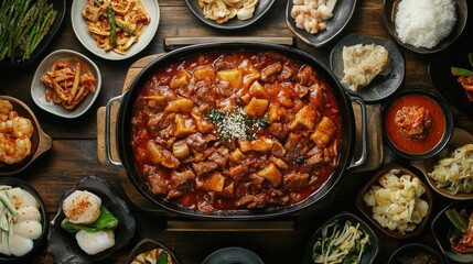 Wall Mural - Korean braised pork with a rich sauce, surrounded by slush, salted shrimp, and a variety of side dishes on a rustic wooden table, ready for a hearty meal