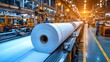 © nicole - Close-up of printing line in paper and cardboard factory with white roll papers on industrial machine in motion