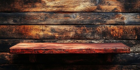 A weathered wooden shelf on a rustic backdrop, perfect for showcasing products or displaying rustic decor