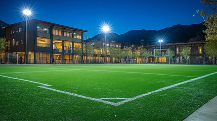 Nighttime view of an empty soccer field with artificial turf, surrounded by buildings and illuminated by floodlights.