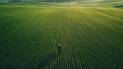 Wall Mural - A farmer tending to crops in a vast, green field, symbolizing the simplicity and connection to nature in rural life