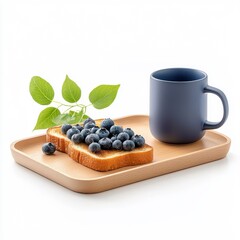 Wall Mural - Blueberry toast on a wooden tray, isolated on a white background, rustic and charming.