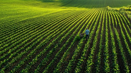 Wall Mural - A farmer tending to crops in a vast, green field, symbolizing the simplicity and connection to nature in rural life