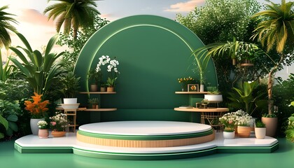 Elegant green-themed 3D stage for e-commerce product showcase, featuring white elements, indoor plants, and a warm home-like atmosphere from sunrise to sunset.