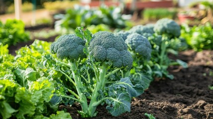 Lush broccoli plants in an organic garden, thriving under the sun. This Brassica oleracea cultivar is closely related to cabbage and cauliflower, known for its nutritious florets