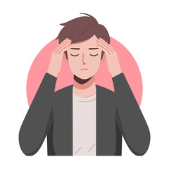 Young man with headache flat cartoon vector illustration