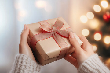 woman holding a gift box in her hand and untie a bow