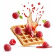 © Food and drink - Circular splash of raspberry sauce on an isolated waffle with a white background, artistic touch.