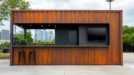 industrial container kitchen exterior with rusted metal finish, outdoor bar area, and urban skyline