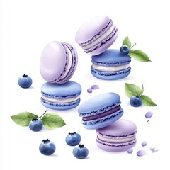 Wall Mural - Watercolor-style blueberry macarons isolated on a white background, soft and artistic.