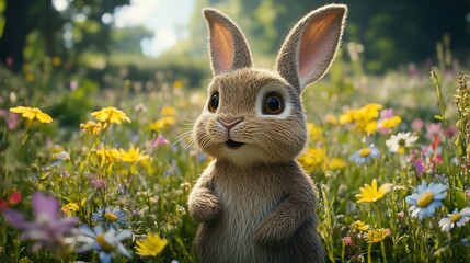 A cute brown bunny rabbit with big brown eyes standing in a field of colorful wildflowers.