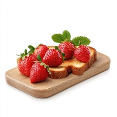 Wall Mural - Strawberry toast on a wooden tray, isolated on a white background, rustic and charming.