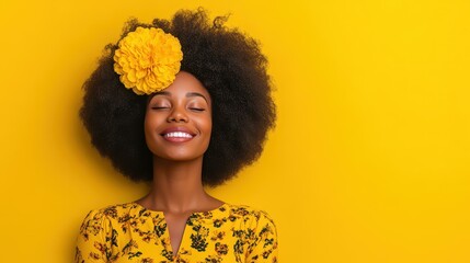 Poster - A joyful woman in a yellow floral dress radiates happiness against a bright yellow backdrop, embodying positive vibes.