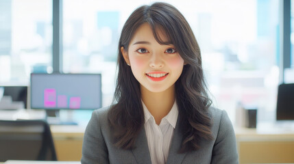 A professional woman smiles confidently from her office, dressed in a chic gray suit, exuding sophistication and grace.