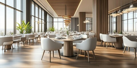 Wall Mural - modern large hotel restaurant rooftop with luxury light grey table and chairs set, aesthetic lamps elegant wooden floor and beautiful natural view 