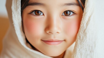 Poster - A young Japanese woman beams softly, draped in a delicate white cloth that enhances her graceful beauty.