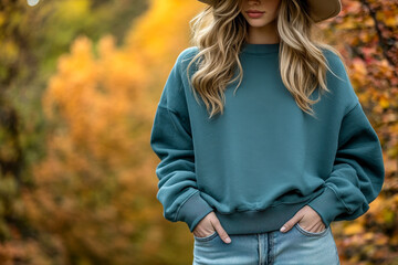 Portrait of a young woman wearing a crewneck blue mockup sweatshirt with fall colors and themed background for autumn season female fashion