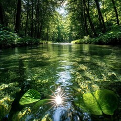 Crystal-clear river flowing through dense green forest, sunlight filtering through leaves, vibrant aquatic plants, serene and tranquil habitat