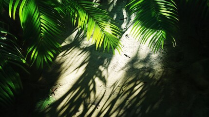 Sticker - Palm leaves cast long shadows on a textured wall in a tropical setting.