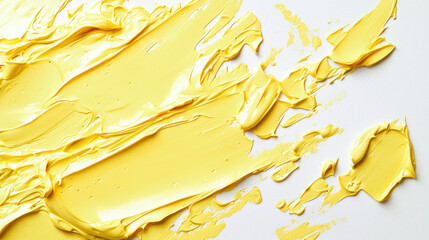 Close-up of yellow brushstrokes on a white background. Abstract soft yellow background for the design. Textured splashes of yellow paint on a white canvas. The splashes are erratic