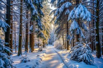 Poster - Sunlit snow-covered path winding through pine trees