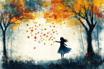 Wall Mural - A girl is standing in a field of autumn leaves