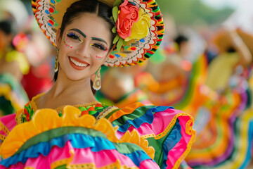 Wall Mural - Joyful Woman in Vibrant Mexican Dance Attire