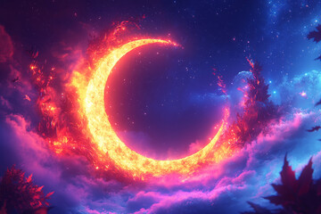 Wall Mural - A glowing orange crescent moon is surrounded by a cloud of fire