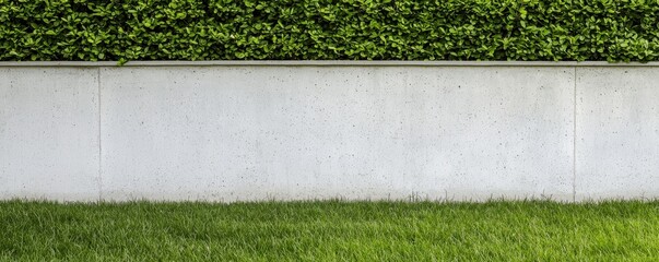 A modern concrete wall contrasts with lush green grass and vibrant foliage, creating a serene and minimalistic outdoor scene.