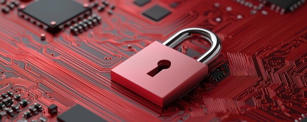 Wall Mural - red padlock on a circuit board, symbolizing cybersecurity and digital protection in the technology sector.