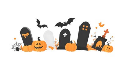 Wall Mural - Minimalist Halloween Elements Featuring Gravestones, Bats, and Pumpkins in Simple Black and Orange Flat Vector Design Against a White Background. Festive Decorations and Seasonal Celebrations