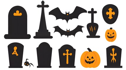 Wall Mural - Minimalist Halloween Elements Featuring Gravestones, Bats, and Pumpkins in Simple Black and Orange Flat Vector Design Against a White Background. Festive Decorations and Seasonal Celebrations