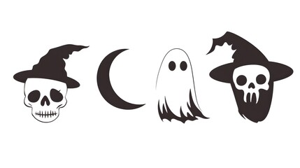 Wall Mural - Simplified Halloween Symbols Featuring a Skull, Witch Hat, Crescent Moon, and Ghost with Clean Lines in Monochrome Design on a White Background. Ideal for Spooky Celebrations and Seasonal Decor