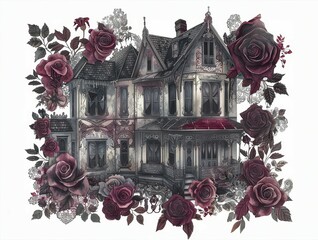 Wall Mural - Digital artwork of a gothic Victorian house surrounded by burgundy roses and intricate lace patterns, combining eerie beauty and vintage elegance.