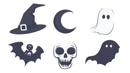 Wall Mural - Simplified Halloween Symbols Featuring a Skull, Witch Hat, Crescent Moon, and Ghost with Clean Lines in Monochrome Design on a White Background. Ideal for Spooky Celebrations and Seasonal Decor