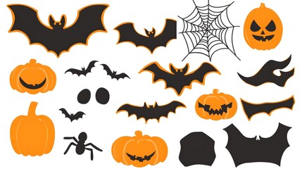 Wall Mural - Vector Halloween Elements Including Bats, Spider Webs, Pumpkins, and Bones in a Flat Style with Simple Design Isolated on White Background. Perfect for Seasonal Decor and Festive Celebrations