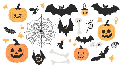 Wall Mural - Vector Halloween Elements Including Bats, Spider Webs, Pumpkins, and Bones in a Flat Style with Simple Design Isolated on White Background. Perfect for Seasonal Decor and Festive Celebrations