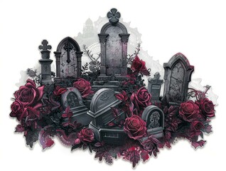 Wall Mural - Intricate digital artwork of a gothic graveyard with tombstones surrounded by dark roses, blending a somber atmosphere with detailed elegance.