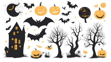 Wall Mural - Simplistic Halloween Designs Featuring Black Bats, Spooky Trees, and Glowing Pumpkins in a Vector Style Against a Clear White Background. Ideal for Festive Decorations and Halloween Themes