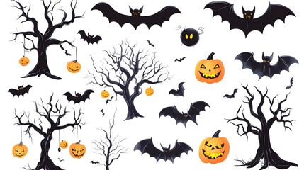 Wall Mural - Simplistic Halloween Designs Featuring Black Bats, Spooky Trees, and Glowing Pumpkins in a Vector Style Against a Clear White Background. Ideal for Festive Decorations and Halloween Themes