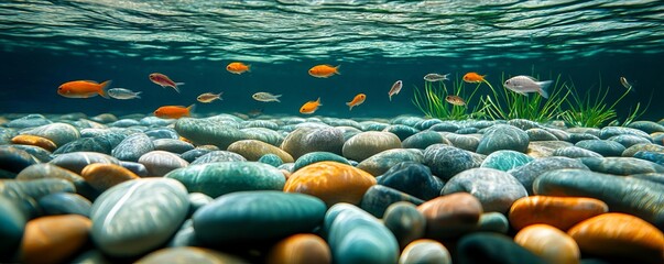 Riverbed with smooth, multicolored pebbles, fish darting through the crystal-clear water, aquatic plants thriving, a peaceful ecosystem