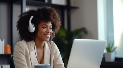 A joyful African American woman working remotely, engaged in a video call, with a cheerful smile and a comfortable home office setup.