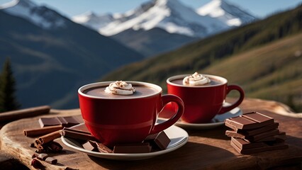 A steaming cup of rich, velvety hot chocolate adorned in a vibrant red cup on a rustic wooden table, contrasted against a serene snow-capped mountain backdrop. Keep warm during the winter season.