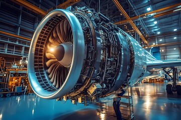 An airplane engine being shored up in the hangar, showcasing its intricate design and powerful technology