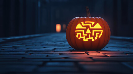 Sticker - A spooky large pumpkin carved with a maze shines dimly in a dark alley, setting the mood for Halloween night.