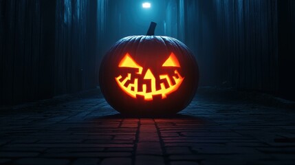 Wall Mural - A spooky large pumpkin carved with a maze shines dimly in a dark alley, setting the mood for Halloween night.