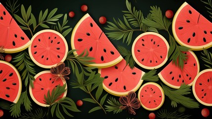 A watermelon is surrounded by leaves and berries