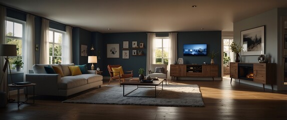 smart home, featuring various connected devices and appliances, shot from a low angle with a wide-an
