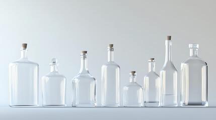 A row of clear glass bottles of various sizes, lined up on a white surface.  The bottles are empty and have a simple design.