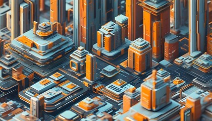 Futuristic cityscape with isometric buildings and innovative infrastructure in an abstract architectural design